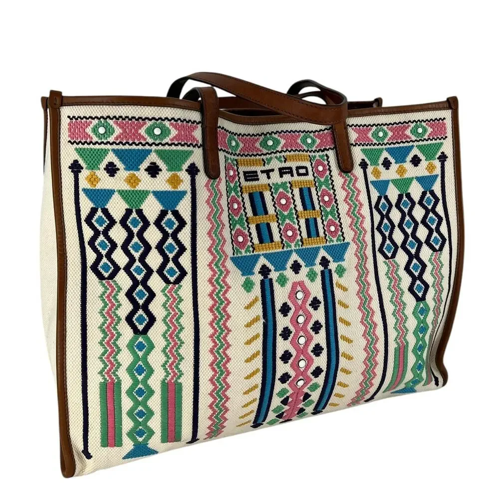 ETRO Embroidered Canvas Shopper Tote Bag Neutrals‎